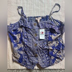 Buckle Blue and White Smocked Flutter Sleeve Blouse